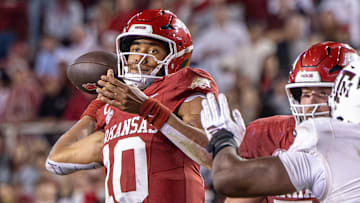 Arkansas Razorbacks quarterback Taylen Green throws a pass against the Texas A&M Aggies in a game at Razorback Stadium in Fayetteville, Ark.