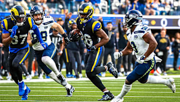 Los Angeles Rams safety Kamren Kinchens gets his first interception of the season off of Seattle Seahawks quarterback Sam Darnold and carries the ball down to the 3-yard line.