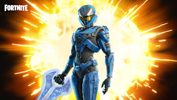 Blue Halo Spartan holding a pickaxe in Fortnite.