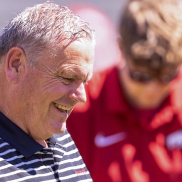 Arkansas Razorbacks coach Sam Pittman at the Red-White game in Razorback stadium April 13, 2024 in Fayetteville, Ark.