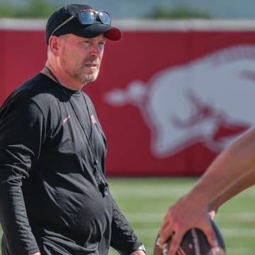 Arkansas Razorbacks special teams coach Scott Fountain at practice Friday afternoon on the outdoor fields in Fayetteville, Ark.