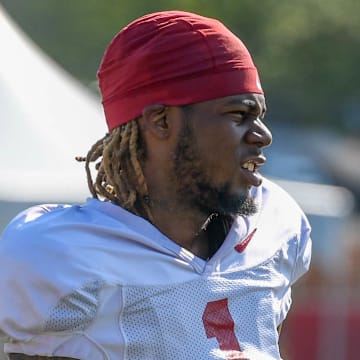 Arkansas Razorbacks wide receiver Jaedon Wilson during a fall practice on the outdoor fields in Fayetteville, Ark.