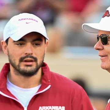 Arkansas Razorbacks offensive coordinator Bobby Petrino against the Oklahoma State Cowboys at Boone Pickens Stadium in Stillwater, Okla.