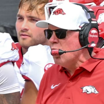 Arkansas Razorbacks offensive coordinator Bobby Petrino against the Oklahoma State Cowboys at Boone Pickens Stadium in Stillwater, Okla.