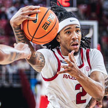 Arkansas Razorbacks point guard Boogie Fland driving the lane against the Texas-San Antonio Roadrunners at Bud Walton Arena in Fayetteville, Ark.