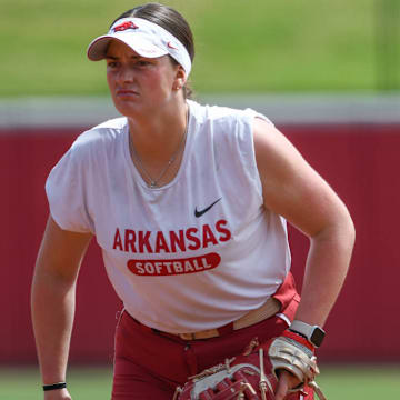 Arkansas Razorbacks first baseman Bri Ellis during practice before starting play in the Fayetteville Regional of the NCAA Tournament at Bogle Park in Fayetteville, Ark., on Friday against Saint Louis.