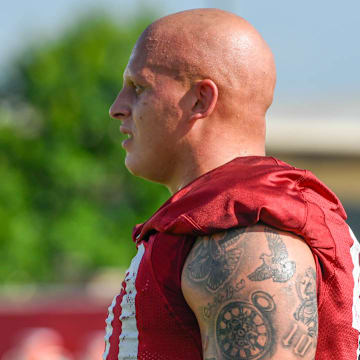 Arkansas Razorbacks defensive end Landon Jackson at a fall camp practice getting ready for the season.