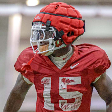 Arkansas Razorbacks cornerback Jaheim Singletary during preseason camp drills at the indoor practice field in Fayetteville, Ark.