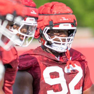 Arkansas Razorbacks defensive lineman David Oke during preseason practices on the outdoor fields in Fayetteville, Ark.