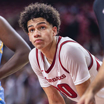 Arkansas Razorbacks wing Isaiah Sealy lining up on the free-throw line against the Southern Jaguars in a game at Bud Walton Arena in Fayetteville, Ark.
