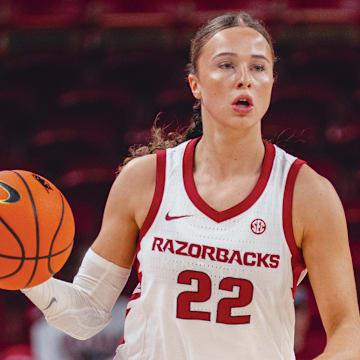 Arkansas Razorbacks Bonnie Deas bringing the ball upcourt against the Louisiana Tech Lady Bulldogs at Bud Walton Arena in Fayetteville, Ark.