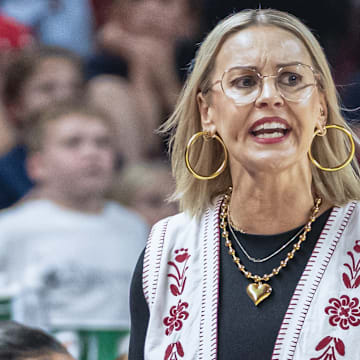 Arkansas Razorbacks coach Kelsi Musick during game against the UAPB Golden Lions at Bud Walton Arena in Fayetteville, Ark.