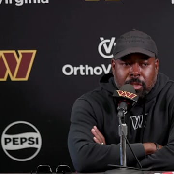 Washington Commanders Defensive Coordinator Joe Whitt Jr. speaks to reporters prior to practice.