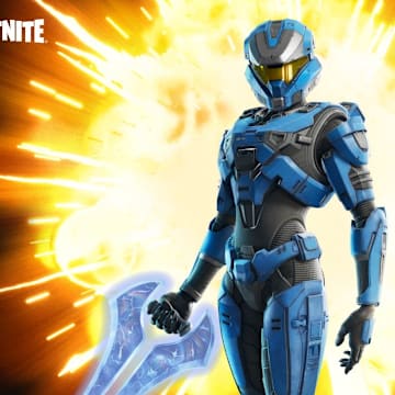 Blue Halo Spartan holding a pickaxe in Fortnite.