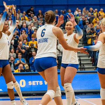 No. 3 Pitt Volleyball Celebrates a Point in their Sweep of Virginia Tech at Fitzgerald Field House on Nov. 7, 2025