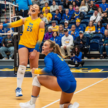 No. 3 Pitt Volleyball Celebrates a Point in their Sweep of Virginia at Fitzgerald Field House on Nov. 9, 2025