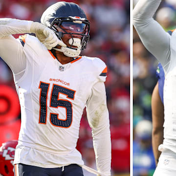Denver Broncos outside linebackers Nik Bonitto (15) and Jonathon Cooper (10). 