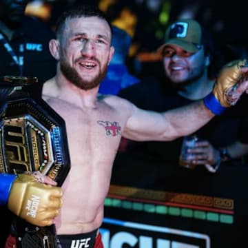 Merab Dvalishvili walks out of the Sphere in Las Vegas as the UFC bantamweight champion.