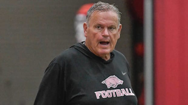 Razorbacks coach Sam Pittman at practice on the indoor field.