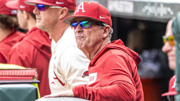 Razorbacks coach Dave Van Horn in the dugout during game with South Carolina