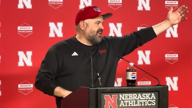 Nebraska football coach Matt Rhule meets with the media after practice on Saturday.