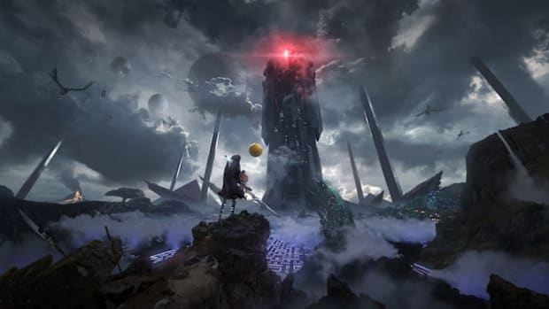 Character looking up at a tower in Shadow Labyrinth.