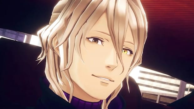 Character with golden eyes doing a smirk in No Sleep For Kaname Date – From AI: THE SOMNIUM FILES.