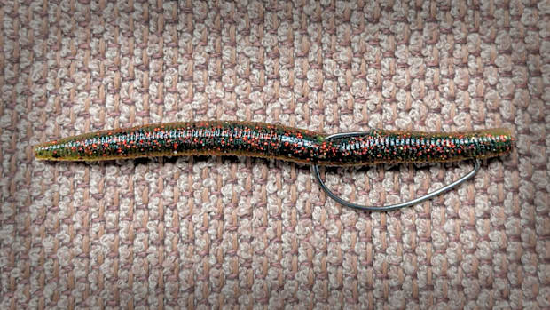 An unweighted Texas-rigged soft plastic stickbait.