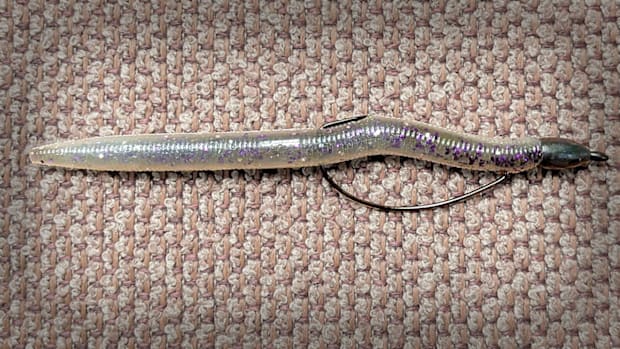 A weighted Texas-rigged soft stickbait