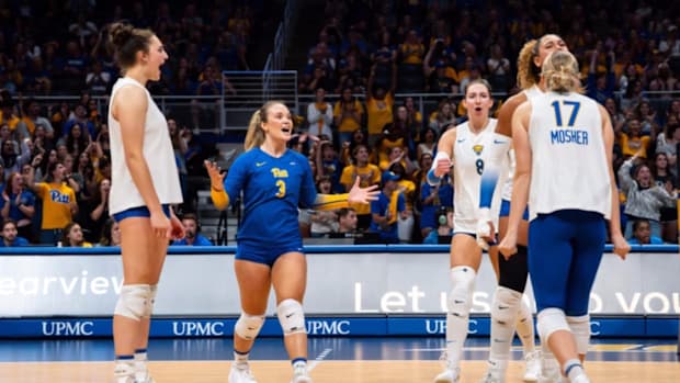 No. 5 Pitt Volleyball Celebrates a Point in their four-set win over No. 11 SMU at the Petersen Events Center