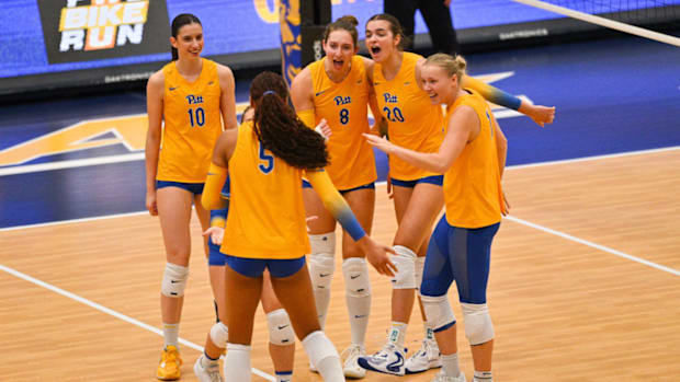No. 5 Pitt Panthers Volleyball Celebrates a Point in their Four-Set Win Over Georgia Tech