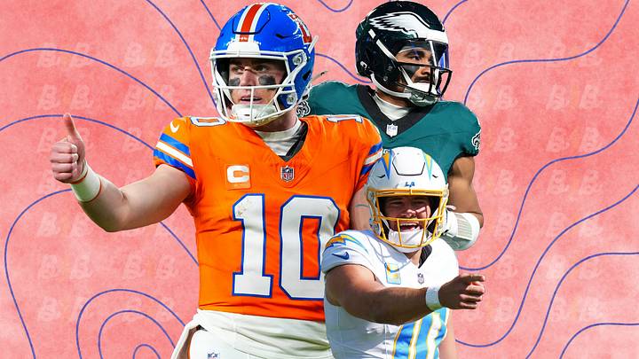 Denver Broncos QB Bo Nix, Philadelphia Eagles QB Jalen Hurts, and LA Chargers QB Justin Herbert