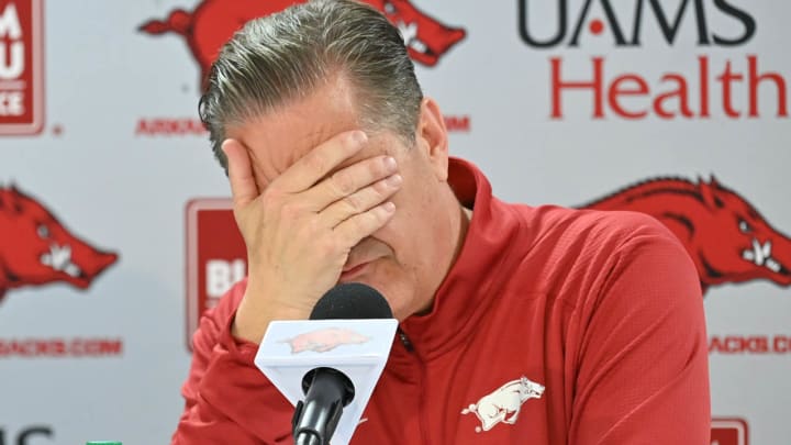 New Arkansas Razorbacks coach John Calipari at introductory press conference on April 10, 2024, at Bud Walton Arena in Fayetteville, Ark.