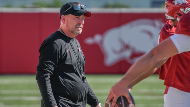 Arkansas Razorbacks special teams coach Scott Fountain at practice Friday afternoon on the outdoor fields in Fayetteville, Ark.