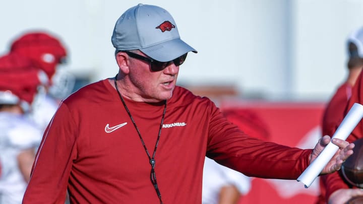 Arkansas Razorbacks offensive coordinator Bobby Petrino at practice in Fayetteville, Ark.