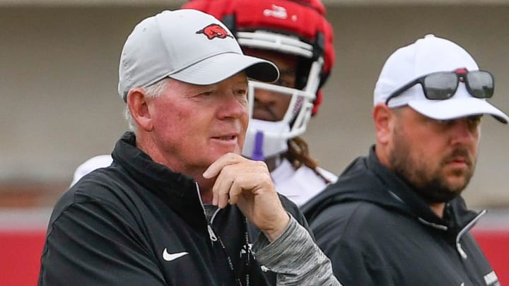 Arkansas Razorbacks offensive coordinator Bobby Petrino watching offense in drills at camp practice on Aug. 7, 2024, in Fayetteville, Ark.