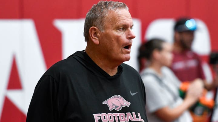 Arkansas Razorbacks coach Sam Pittman at fall camp practice on the indoor field in Fayetteville, Ark.