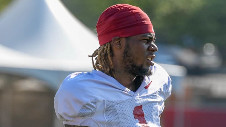 Arkansas Razorbacks wide receiver Jaedon Wilson during a fall practice on the outdoor fields in Fayetteville, Ark.