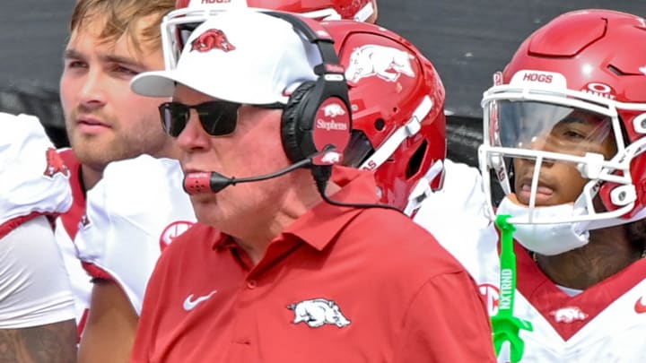 Arkansas Razorbacks offensive coordinator Bobby Petrino against the Oklahoma State Cowboys at Boone Pickens Stadium in Stillwater, Okla.