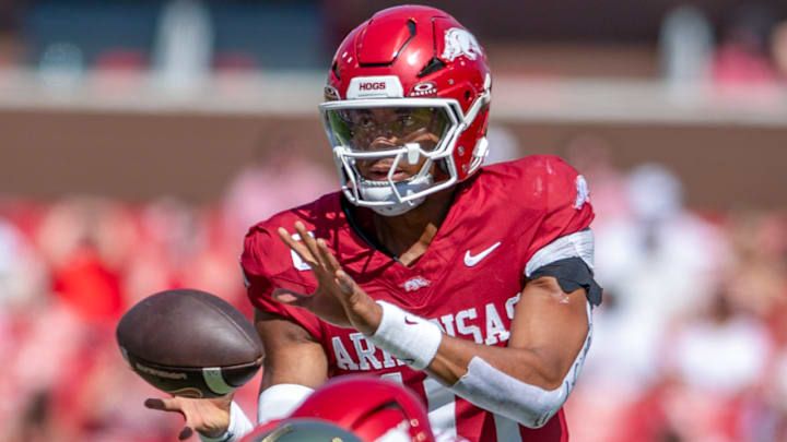 Arkansas Razorbacks quarterback Taylen Green takes a snap from center against the Notre Dame Fighting irish at Razorback Stadium in Fayetteville, Ark. Arkansas Razorbacks quarterback Taylen Green takes a snap from center against the Notre Dame Fighting irish at Razorback Stadium in Fayetteville, Ark.