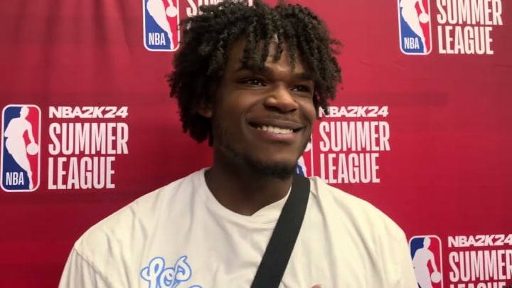 Indiana Pacers forward Jarace Walker speaks with media members after his first summer league game in 2023. (Mandatory Photo Credit: Tony East)