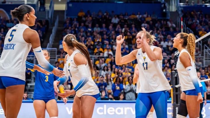 No. 5 Pitt Volleyball Setter Brooke Mosher and right side Olivia Babcock Celebrate a Point in a Four-Set Win over No. 11 SMU