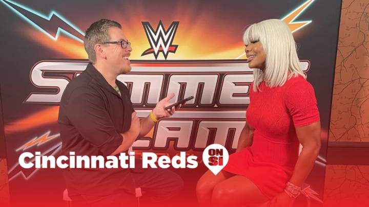 Rick Ucchino talks to WWE Superstar Jade Cargill at SummerSlam Press Junket