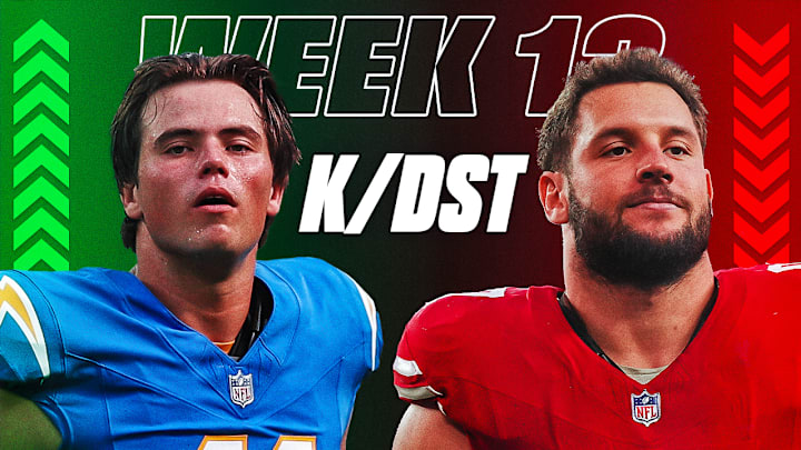 Chargers kicker Cameron Dicker (left) is a start this week while Nick Bosa (right) and the 49ers DST is a sit. Chargers kicker Cameron Dicker (left) is a start this week while Nick Bosa (right) and the 49ers DST is a sit.