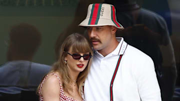 Sep 8, 2024; Flushing, NY, USA; Recording artist Taylor Swift and Kansas City Chiefs tight end Travis Kelce look on in the men’s singles final of the 2024 U.S. Open tennis tournament at USTA Billie Jean King National Tennis Center. Mandatory Credit: Mike Frey-Imagn Images