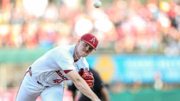 Arkansas Razorbacks pitcher Ben Bybee delivers a pitch in the first inning of a game Tuesday afternoon at Dickey-Stephens Park in North Little Rock.