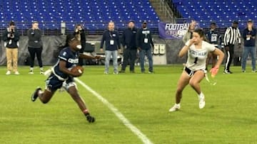 Clarksburg girls flag football quarterback Aysia Jones Robinson in action in the 2025 Maryland 4A-3A state championship game.