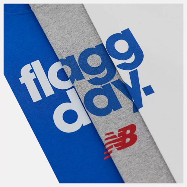Red, white, and blue New Balance shirts.