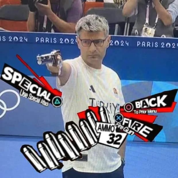 Yusuf Dikec with the Persona 5 gun UI in front of him