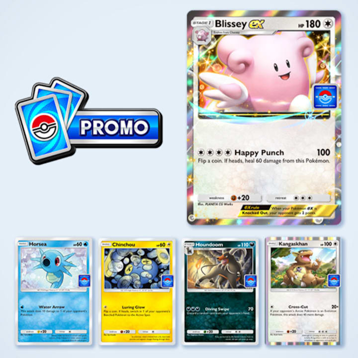 Blissey ex, Horsea, Chinchou, Houndoom, and Kangaskhan promo cards in Pokemon TCG Pocket